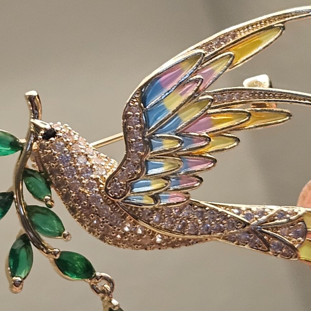 Estate Art Nouveau French Plique a Jour Colorful Bird Swallow Gold Brooch Pin 3" - Picture 2 of 6